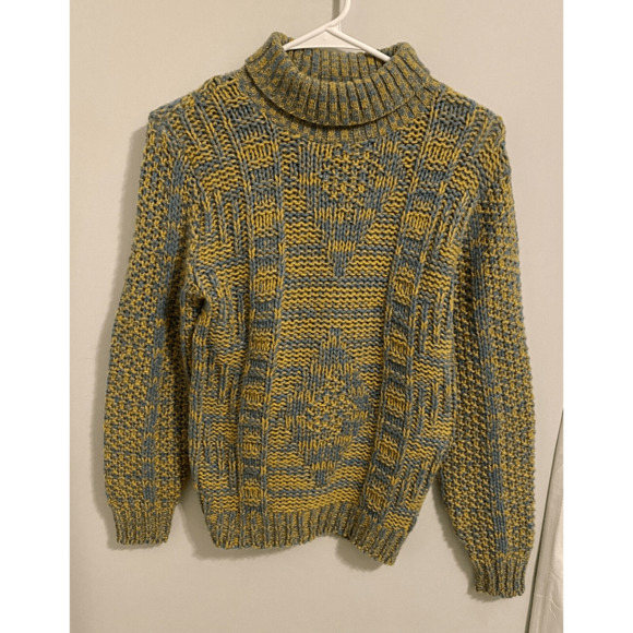 Vintage Glen Dee Wool Turtleneck Sweater Yellow Blue Sz 34 - Picture 1 of 7